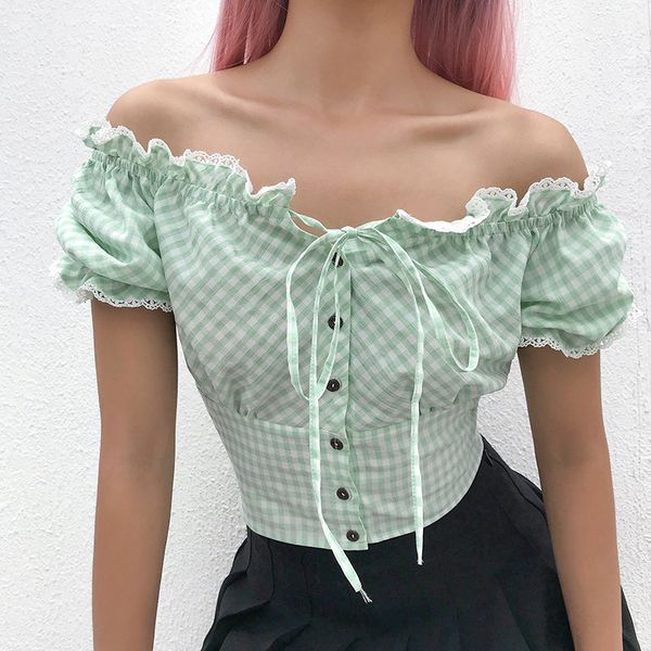 women's t-shirt 2021 spring summer ins clothing green plaid off the shoulder cold puff sleeve elastic waist buttons shirt, White
women's t-shirt 2021 spring summer ins clothing green plaid off the shoulder cold puff sleeve elastic waist buttons shirt, White