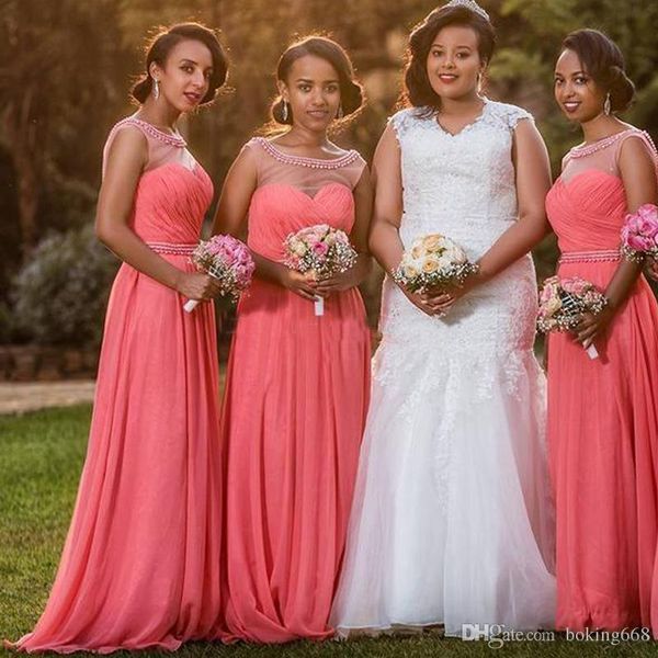 Watermelon Beaded Chiffon Bridesmaid Dresses 2019 Sheer Neck Pleated Floor Length African Bridesmaid Gowns Wedding Guest Dress Cheap 
Watermelon Beaded Chiffon Bridesmaid Dresses 2019 Sheer Neck Pleated Floor Length African Bridesmaid Gowns Wedding Guest Dress Cheap