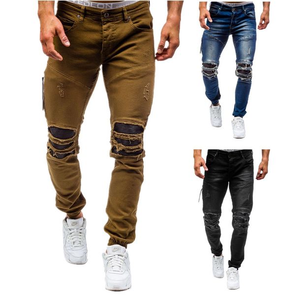 men's spring and autumn new hole denim trousers men's korean slim solid color large size jeans, Blue
men's spring and autumn new hole denim trousers men's korean slim solid color large size jeans, Blue
