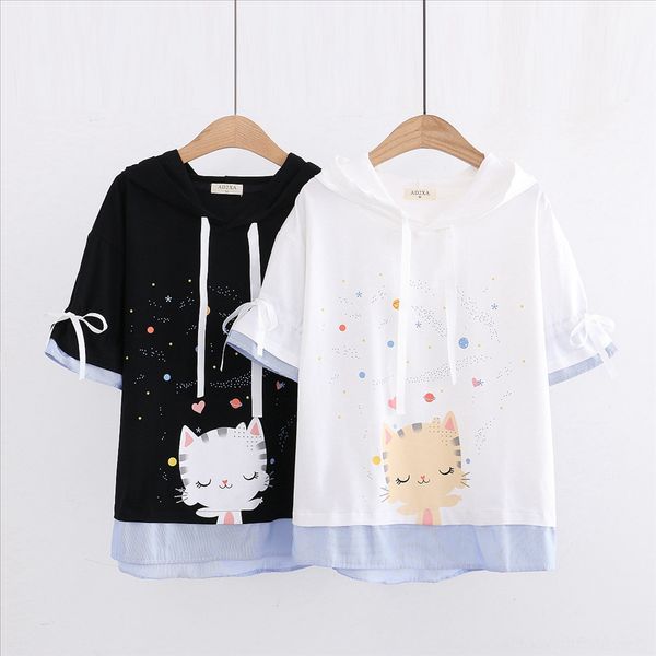 girls short-sleeved summer clothes loose cotton space cat hooded t-shirt women's half-sleeved t-shirt top, White
girls short-sleeved summer clothes loose cotton space cat hooded t-shirt women's half-sleeved t-shirt top, White