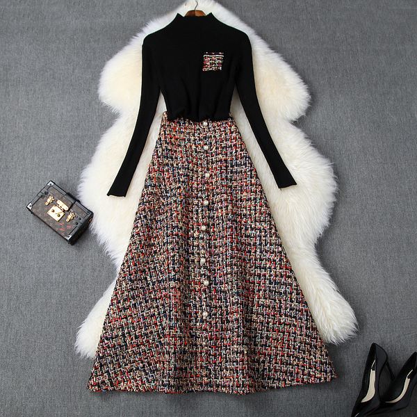 european and american women's clothing 2019 winter new style long sleeved black sweater beaded tweed skirt fashion suits, White
european and american women's clothing 2019 winter new style long sleeved black sweater beaded tweed skirt fashion suits, White