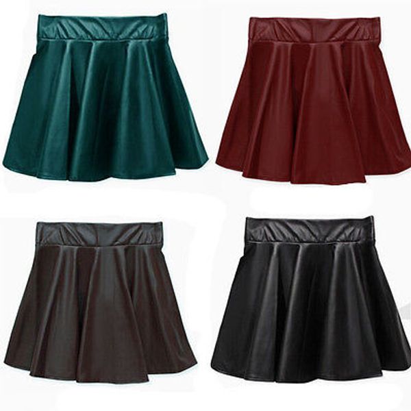 fashion women girl faux leather high waist skater flared pleated short mini skirt, Black