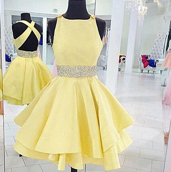 

chic satin yellow prom dresses with tiered skirt crystals beaded short homecoming dresses criss cross straps back party dresses cheap, Blue;pink