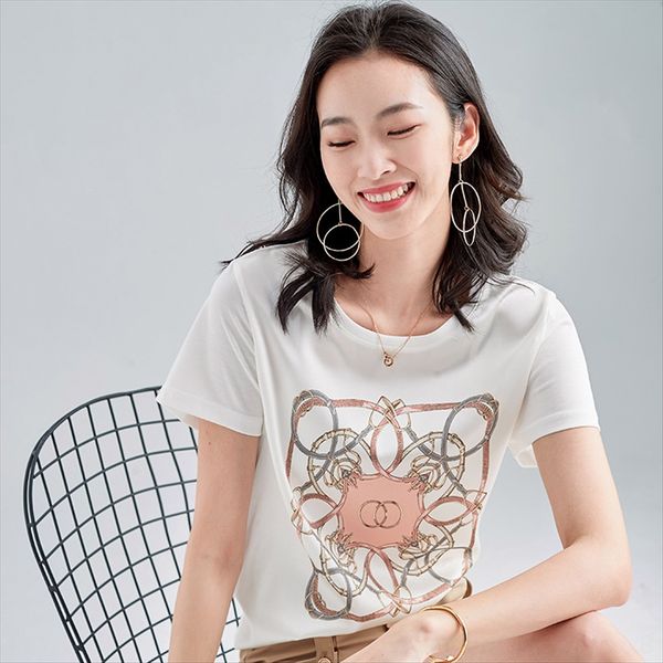 2020 and silk round collar t-shirt women's fashion printing temperament mulberry silk women's half sleeve t-shirt, White
2020 and silk round collar t-shirt women's fashion printing temperament mulberry silk women's half sleeve t-shirt, White