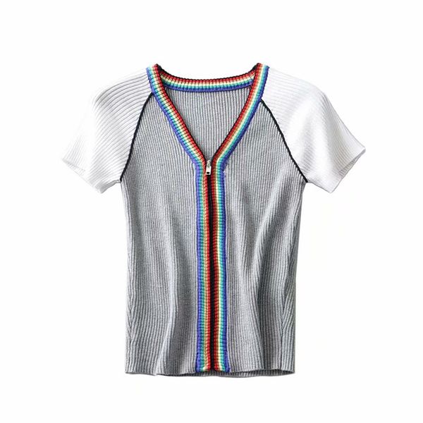 vintage chic women rainbow sweater cardigans v-neck zipper short sleeve sweater ladies bts crop sweaters, White
vintage chic women rainbow sweater cardigans v-neck zipper short sleeve sweater ladies bts crop sweaters, White