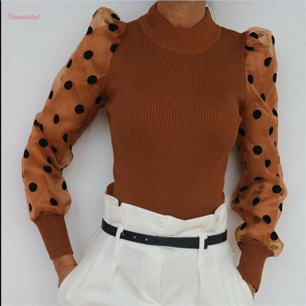 females long puff sleeves t shirt new fashion sheer mesh dot printed sleeves slim ladies fashion knitting tunic, White 
females long puff sleeves t shirt new fashion sheer mesh dot printed sleeves slim ladies fashion knitting tunic, White