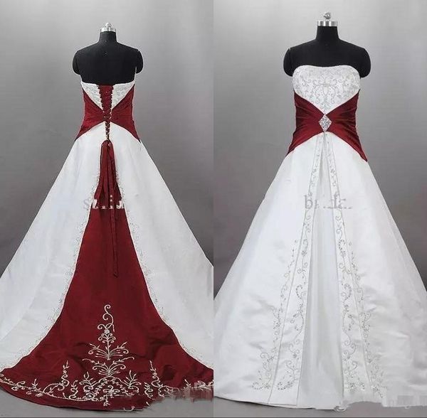 Vintage Dark Red And White Wedding Dresses 2019 Satin Wedding Dress Embroidery Lace Up Plus Size Bridal Gowns Custom Made vestido de novia
Vintage Dark Red And White Wedding Dresses 2019 Satin Wedding Dress Embroidery Lace Up Plus Size Bridal Gowns Custom Made vestido de novia