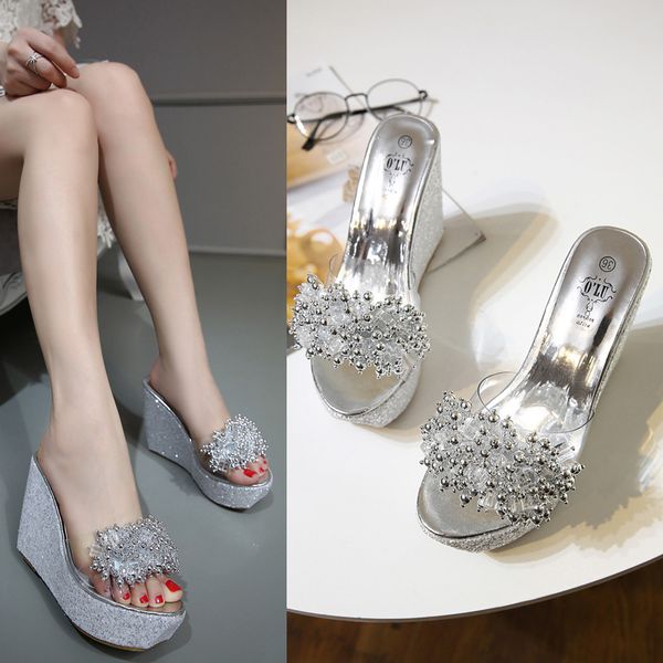 10~14cm thick bottom wedge high heel slippers summer goddess wild female sandals and slippers, Black
10~14cm thick bottom wedge high heel slippers summer goddess wild female sandals and slippers, Black