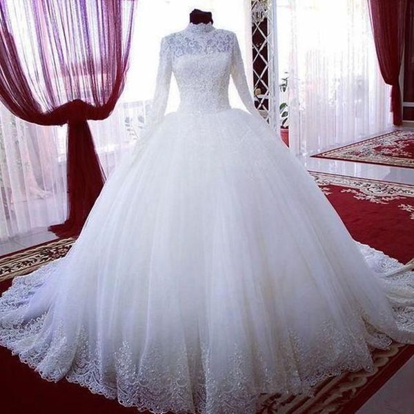 long sleeves high neck muslim wedding dresses ball gown lace tulle sweep train luxury bridal gowns custom size robes de mariee, White
long sleeves high neck muslim wedding dresses ball gown lace tulle sweep train luxury bridal gowns custom size robes de mariee, White