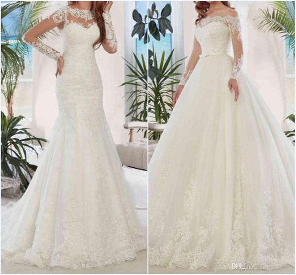 mermaid lace wedding dress with detachable train off the shoulder long sleeve illusion sheer back bridal gown modest dresses for bride, White
mermaid lace wedding dress with detachable train off the shoulder long sleeve illusion sheer back bridal gown modest dresses for bride, White