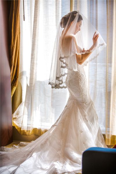stylish smart 150cm-length one-layer without a comb white ivory lace applique edge wedding veils meidingqianna brand bridal veils, Black 
stylish smart 150cm-length one-layer without a comb white ivory lace applique edge wedding veils meidingqianna brand bridal veils, Black