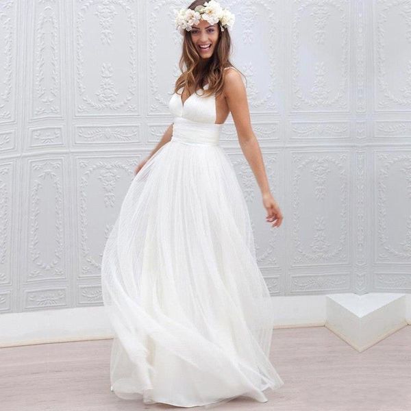 2020 new summer beach bohemian wedding dresses a line v neck tulle sweep train plus size backless formal bridal gowns, White
2020 new summer beach bohemian wedding dresses a line v neck tulle sweep train plus size backless formal bridal gowns, White