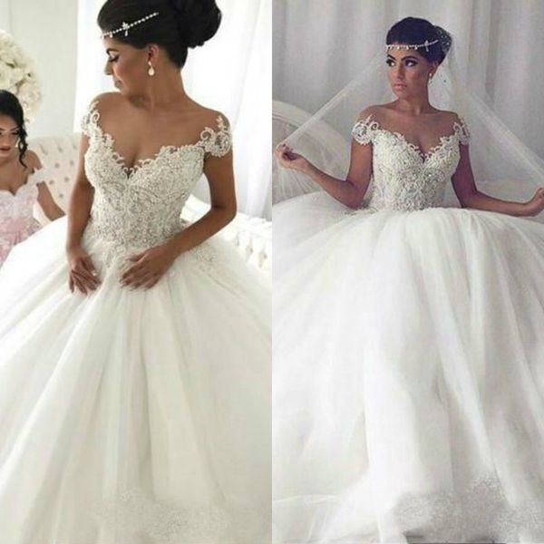 vintage ball gown wedding dresses sheer neck cap sleeves tulle sweep train bridal gowns plus size wedding dress vestido de novia, White
vintage ball gown wedding dresses sheer neck cap sleeves tulle sweep train bridal gowns plus size wedding dress vestido de novia, White