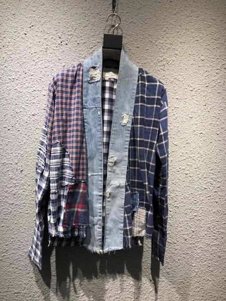 men and women hi street wear plaid flannel distressed kimono cardigan shirt, White;black
men and women hi street wear plaid flannel distressed kimono cardigan shirt, White;black