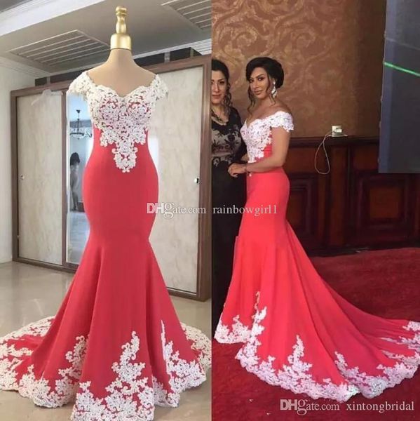 african black gilrs elegant mermaid evening dresses off shoulder white applique prom dress formal dress evening gowns abendkleider, Black;red
african black gilrs elegant mermaid evening dresses off shoulder white applique prom dress formal dress evening gowns abendkleider, Black;red