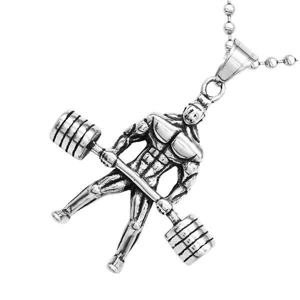 fashion men stainless steel muscle men bodybuilder barbell necklace pendant, Silver
fashion men stainless steel muscle men bodybuilder barbell necklace pendant, Silver