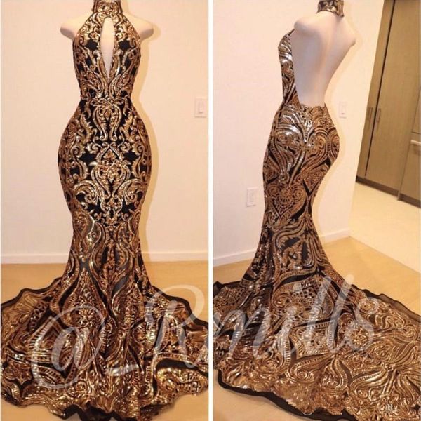 2019 Gold Luxury Lace Mermaid Long Prom Dresses Halter Sheer Backless Sweep Train Evening Gowns Vestidos De Festa BC1179
2019 Gold Luxury Lace Mermaid Long Prom Dresses Halter Sheer Backless Sweep Train Evening Gowns Vestidos De Festa BC1179