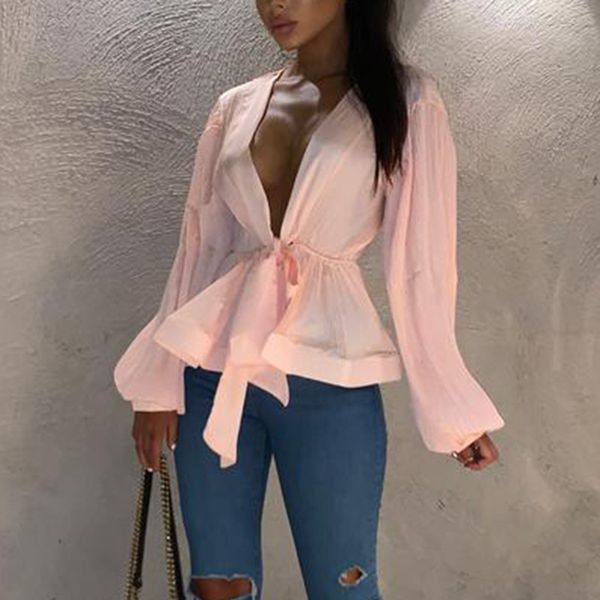 summer long sleeve blouse women v-neck lace up chiffon, White