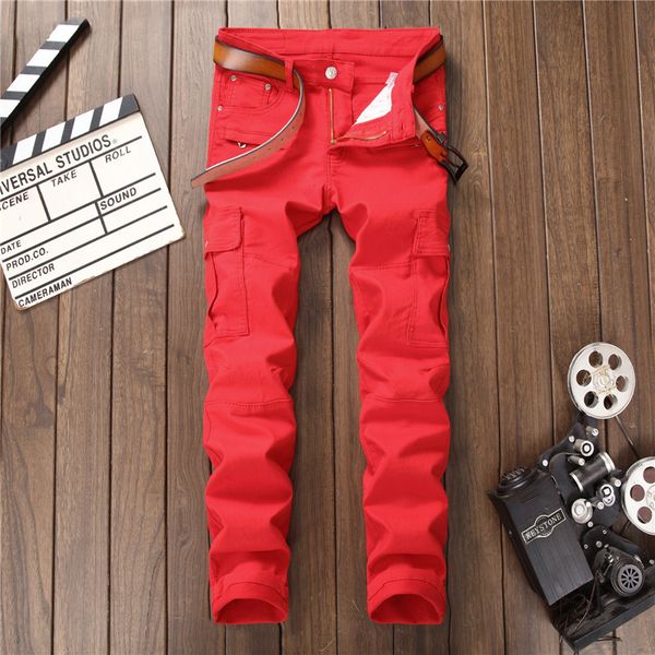 2019 new men's fashion red jeans punk style casual stretch slim multi pockets fake zippers jeans moto biker trousers denim pants, Blue
2019 new men's fashion red jeans punk style casual stretch slim multi pockets fake zippers jeans moto biker trousers denim pants, Blue