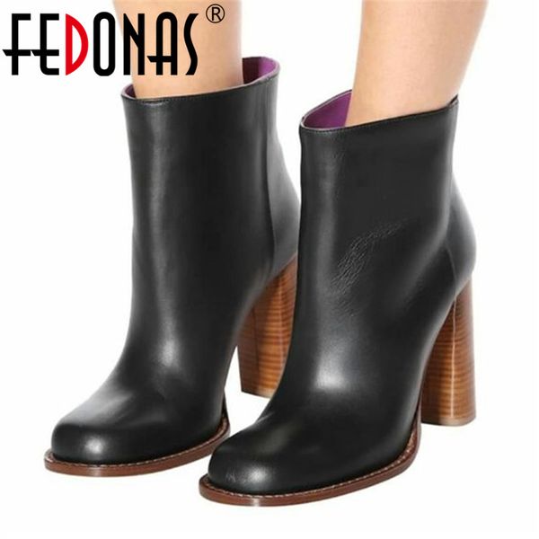 

fedonas brand classic women genuine leather ankle boots concise autumn winter office ladies boots high heels shoes woman, Black