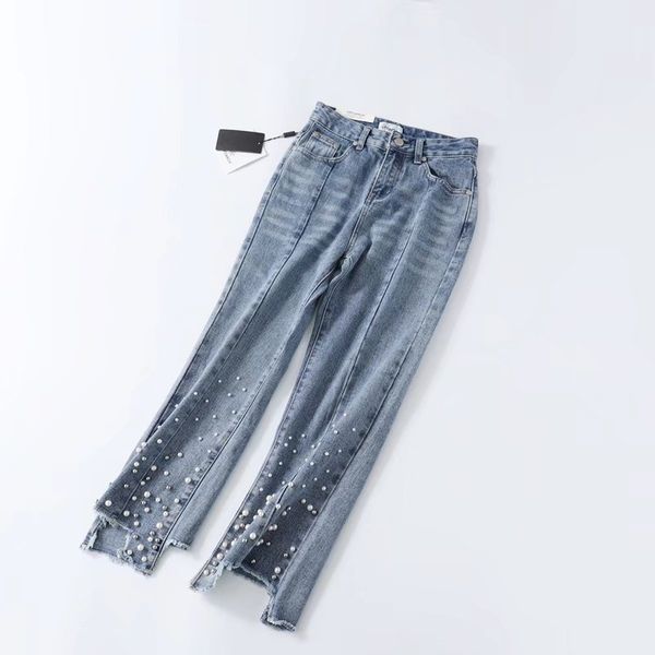 women 2020 summer korean version of the new heavy pearl women's jeans waist pantyhose tide brand, Blue
women 2020 summer korean version of the new heavy pearl women's jeans waist pantyhose tide brand, Blue