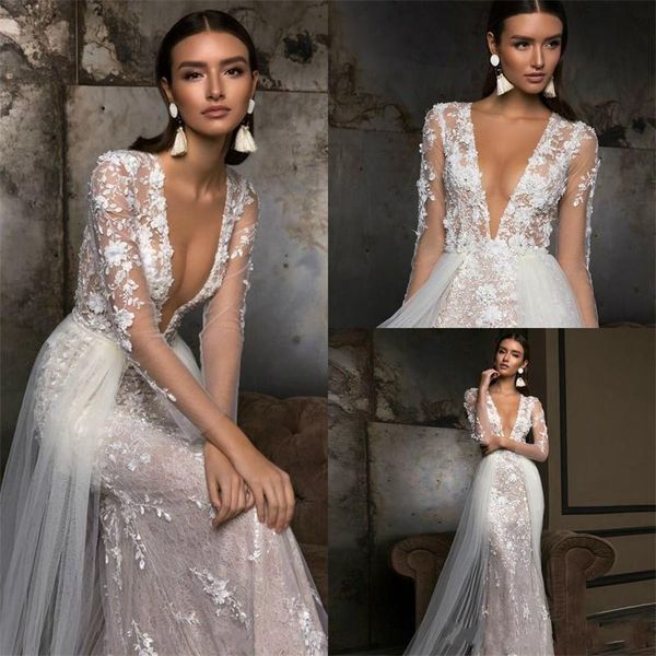 2020 berta mermaid overskirts wedding dresses long sleeves deep v neck full 3d floral lace appliqued bridal gowns wedding bridal dress, White
2020 berta mermaid overskirts wedding dresses long sleeves deep v neck full 3d floral lace appliqued bridal gowns wedding bridal dress, White