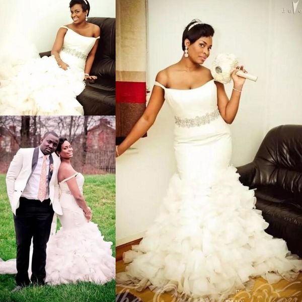 off the shoulder mermaid wedding dresses with sash beads ruffles tiered skirt plus size wedding dress custom made african bridal gowns, White
off the shoulder mermaid wedding dresses with sash beads ruffles tiered skirt plus size wedding dress custom made african bridal gowns, White