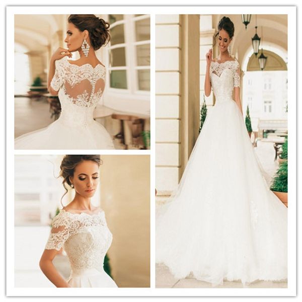 robe de mariage short sleeves wedding dresses lace appliqued pearls sheer bateau neck vintage lace bridal gowns vestido de novia, White
robe de mariage short sleeves wedding dresses lace appliqued pearls sheer bateau neck vintage lace bridal gowns vestido de novia, White