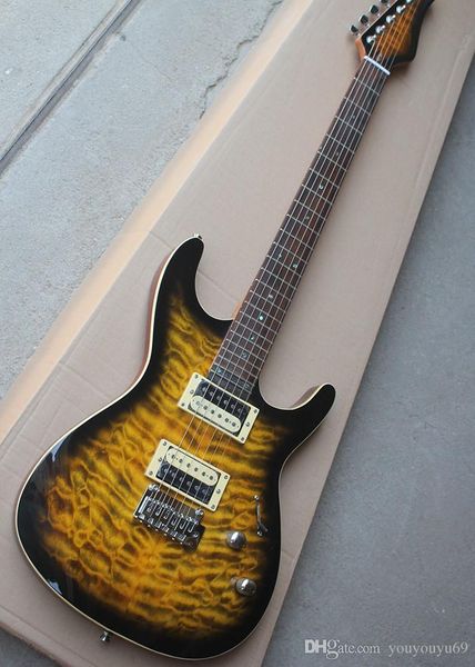factory wholesale custom new 6 string yellow electric guitar black circle with pickguard hh, rosewood fingerboard, flame beige veneer, perso
factory wholesale custom new 6 string yellow electric guitar black circle with pickguard hh, rosewood fingerboard, flame beige veneer, perso