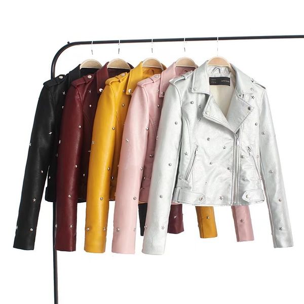 women rivet leather jacket fashion slim turn collar moto & biker leather coat outwear 2018 autumn new s m l, Black
women rivet leather jacket fashion slim turn collar moto & biker leather coat outwear 2018 autumn new s m l, Black