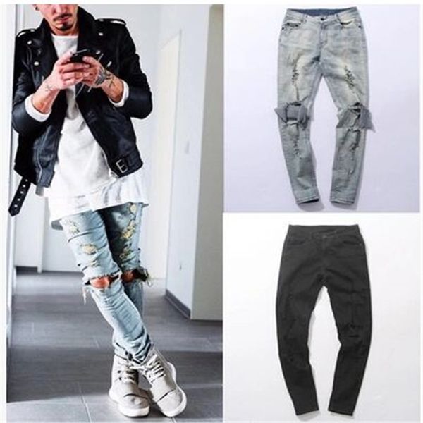 

men's jeans mens ripped skinny straight slim elastic denim fit biker pants long stylish, Blue