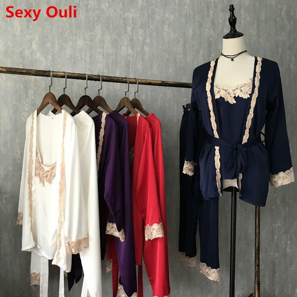 three piece female silk pajamas set robe sling pajamas long sleeved pants women nightgown, Blue;gray
three piece female silk pajamas set robe sling pajamas long sleeved pants women nightgown, Blue;gray