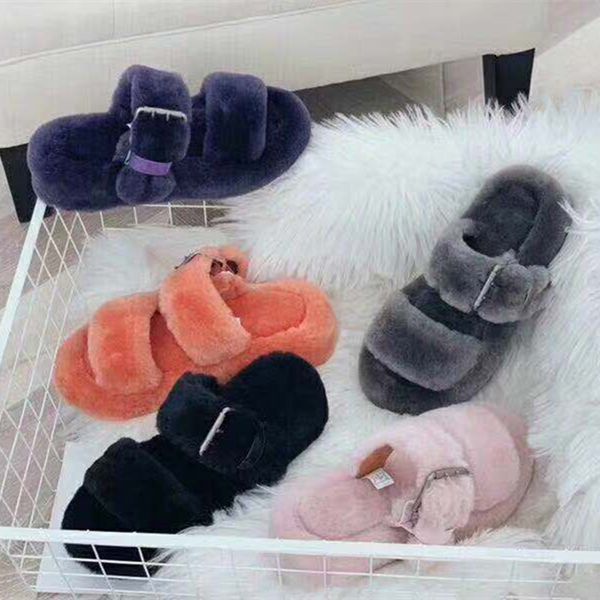 luxury australia women fur slippers sheep skin fur shoes female winter flat home furry slippers, Black