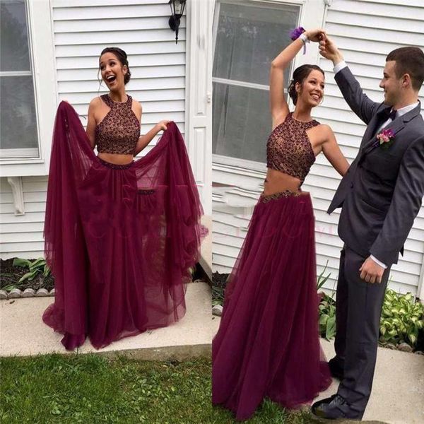 two pieces tulle prom dresses a line beaded halter neck floor length party evening gowns custom made, Black
two pieces tulle prom dresses a line beaded halter neck floor length party evening gowns custom made, Black