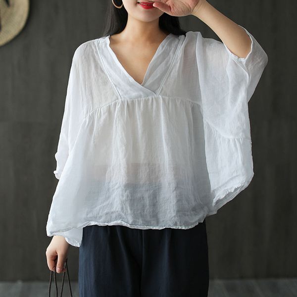 johnature summer solid color v-neck cotton linen leisure batwing sleeve shirt 2020 new loose comfortable all-match women, White
johnature summer solid color v-neck cotton linen leisure batwing sleeve shirt 2020 new loose comfortable all-match women, White