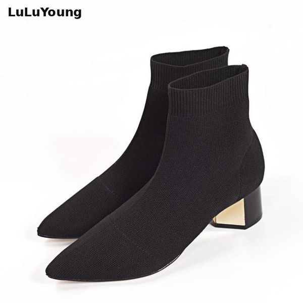 knitted elastic socks boots medium heeled short boots women point toe ankle boots t200104, Black
knitted elastic socks boots medium heeled short boots women point toe ankle boots t200104, Black
