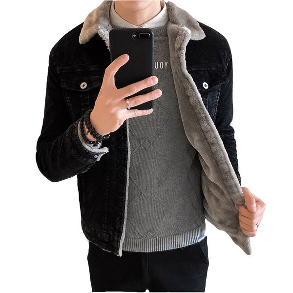

men's lamb fur collar corduroy cotton coat 2018 winter thickening fashion men's cotton jacket slim jacket more size m-xxxl, Black;brown