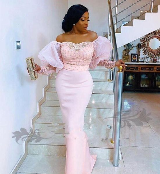 2020 nigerian mermaid prom dresses off shoulder lace beaded satin puff sleeves open back special occasion formal party evening gowns, Black
2020 nigerian mermaid prom dresses off shoulder lace beaded satin puff sleeves open back special occasion formal party evening gowns, Black