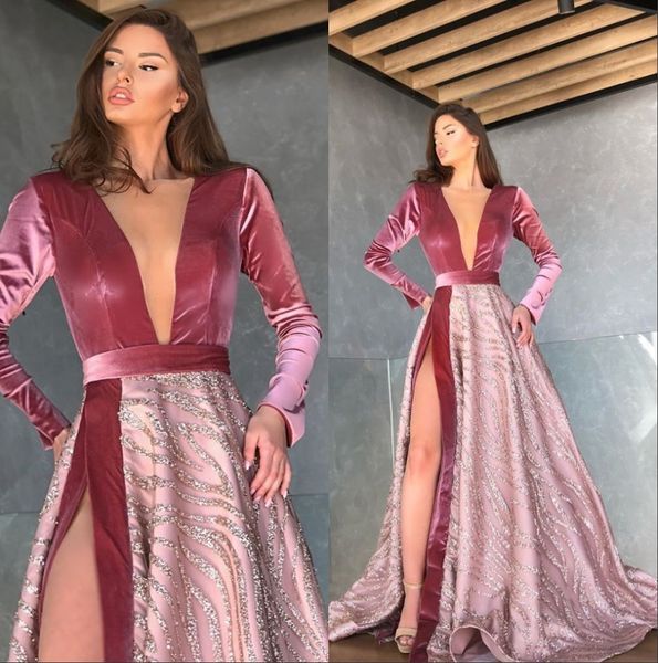 deep v neck long sleeves sequins lace a line prom dresses 2020 velvet high split formal sweep train formal party evening dresses, Black
deep v neck long sleeves sequins lace a line prom dresses 2020 velvet high split formal sweep train formal party evening dresses, Black