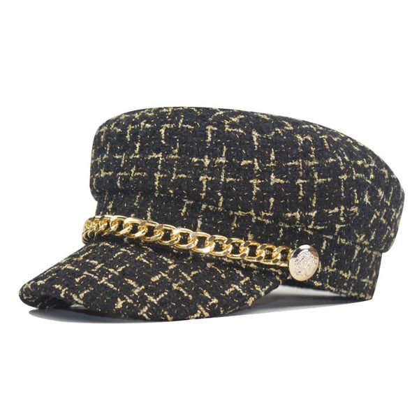 gold grid white woolen newsboy hat for women joker visors retro metal chain sailor fall/winter navy cap casual wear, Blue;gray 
gold grid white woolen newsboy hat for women joker visors retro metal chain sailor fall/winter navy cap casual wear, Blue;gray