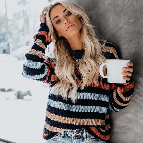 2019 new autumn winter women sweater rainbow striped pullovers round neck temperament commute normal thickness loose, White;black
2019 new autumn winter women sweater rainbow striped pullovers round neck temperament commute normal thickness loose, White;black