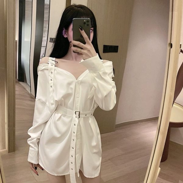 womens korean-style off-shoulder strap dress single-breasted lace-up slim-fit shirt skirt, White;black
womens korean-style off-shoulder strap dress single-breasted lace-up slim-fit shirt skirt, White;black
