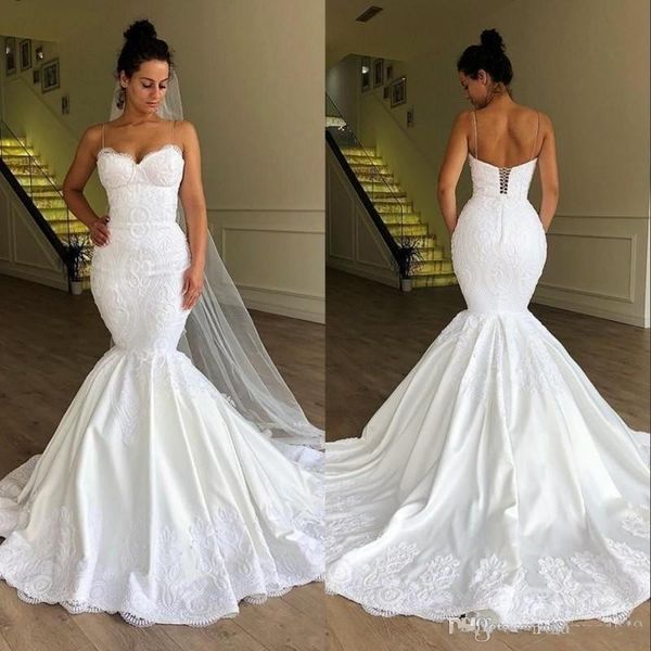 luxury african mermaid wedding dresses 2020 spaghetti lace appliques satin sleeveless court train plus size corset back bridal gowns, White
luxury african mermaid wedding dresses 2020 spaghetti lace appliques satin sleeveless court train plus size corset back bridal gowns, White