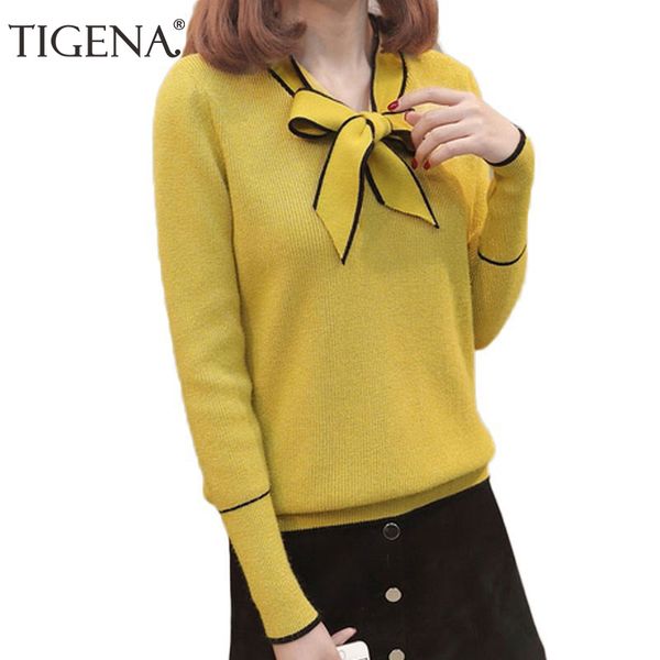 tigena 2019 autumn winter pullover sweater women long sleeve knitted sweater female with bow yellow red jumper ladies clothes, White;black
tigena 2019 autumn winter pullover sweater women long sleeve knitted sweater female with bow yellow red jumper ladies clothes, White;black