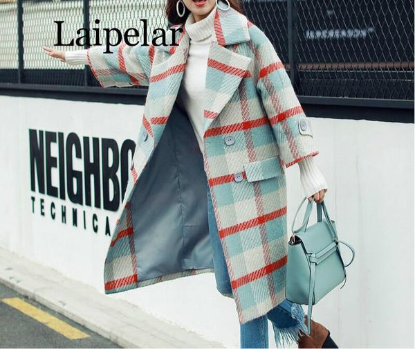 laipelar autumn and winter loose lapel plaid long-sleeved coat, Black