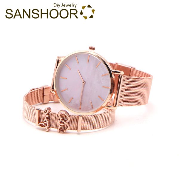 sanshoor stainless steel mesh keeper bracelet watch set with shell watch and love double heart silde charms as gift for women, Golden;silver
sanshoor stainless steel mesh keeper bracelet watch set with shell watch and love double heart silde charms as gift for women, Golden;silver