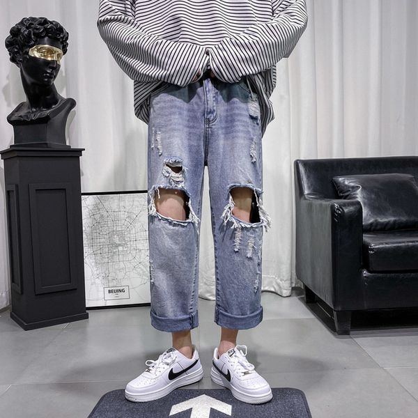 men's jeans 2020 spring and summer new solid color hole loose nine points pants young personality fashion trend men's clothing, Blue
men's jeans 2020 spring and summer new solid color hole loose nine points pants young personality fashion trend men's clothing, Blue