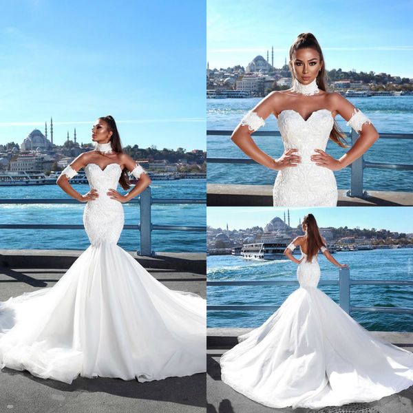 2019 beach mermaid wedding dresses with armband necklet sweetheart lace backless sweep train bridal gowns plus size robe de mariée, White
2019 beach mermaid wedding dresses with armband necklet sweetheart lace backless sweep train bridal gowns plus size robe de mariée, White