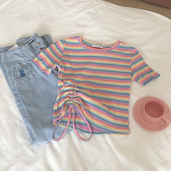 ins rainbow color super mei ni side drawstring showing waist body navel high waist slim striped short-sleeved t-shirt female, White
ins rainbow color super mei ni side drawstring showing waist body navel high waist slim striped short-sleeved t-shirt female, White