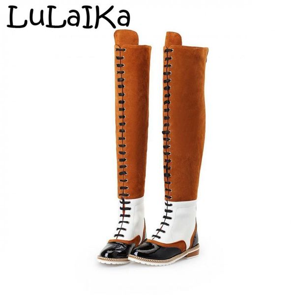 runway design 2020 ladies new autumn and winter fashion suede stitching round head lace-up metal decoration unique boots, Black
runway design 2020 ladies new autumn and winter fashion suede stitching round head lace-up metal decoration unique boots, Black